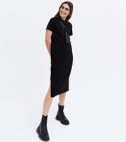 New Look Black Ribbed Knit Button Front Midi Polo Dress